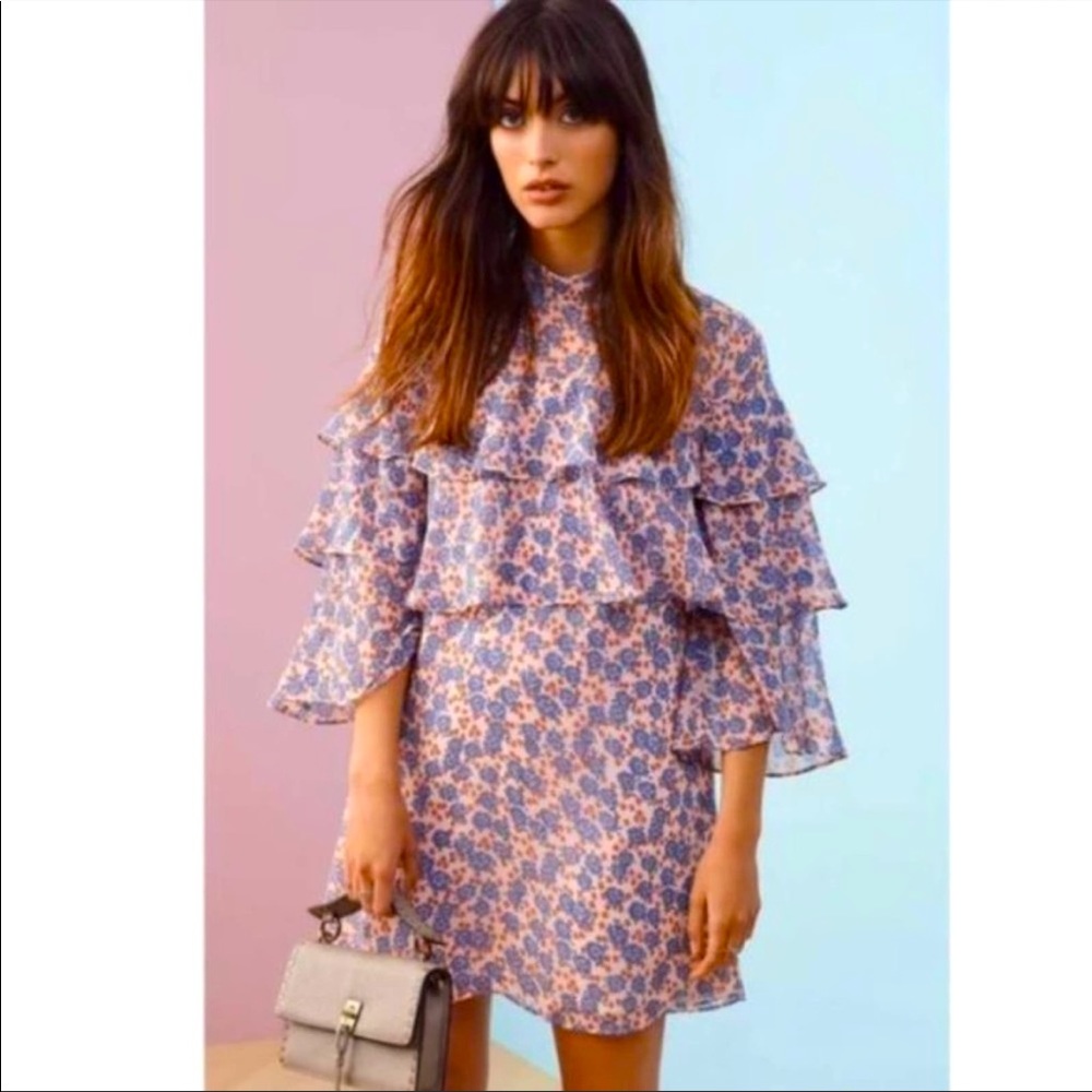 NWOT Rebecca Minkoff Floral Darcy High Mock Neck Tiered Ruffle Mini Dress XXS